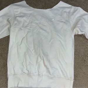 White Champion crewneck: off the shoulder, cut neck